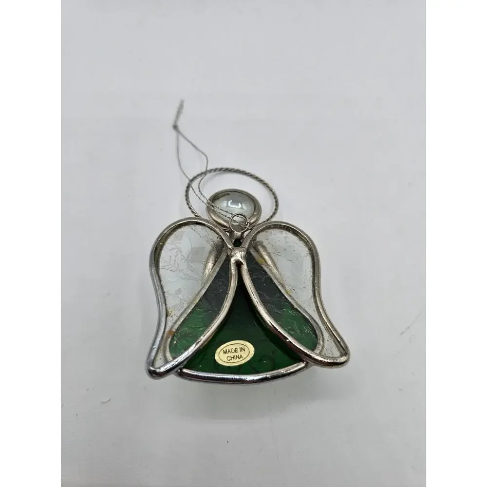 Vintage Stained Glass Angel Christmas Ornament w/ Silver Metal Trim Green